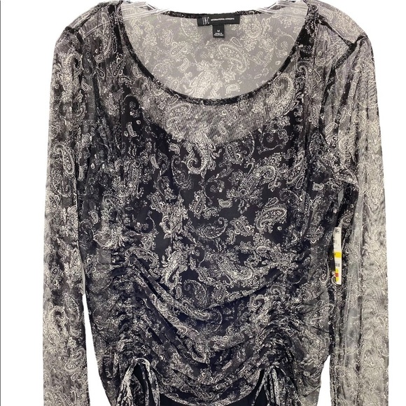 11. NWT INC Medium Ruched Black and White Paisley Drawstring Side Top - Picture 2 of 4